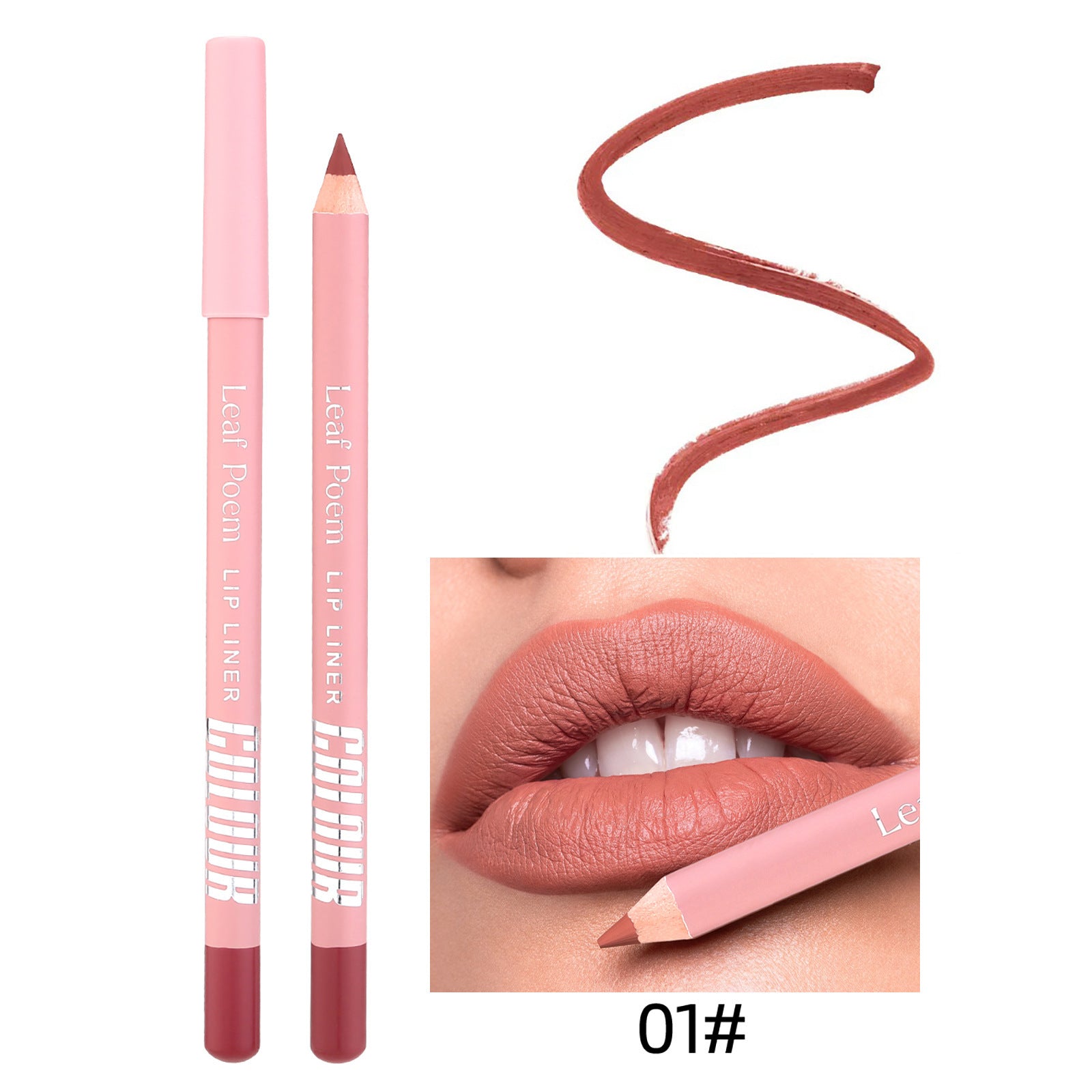 Lip liner pencil with pink casing and brown tip, shown with a swatch and close-up of lips.