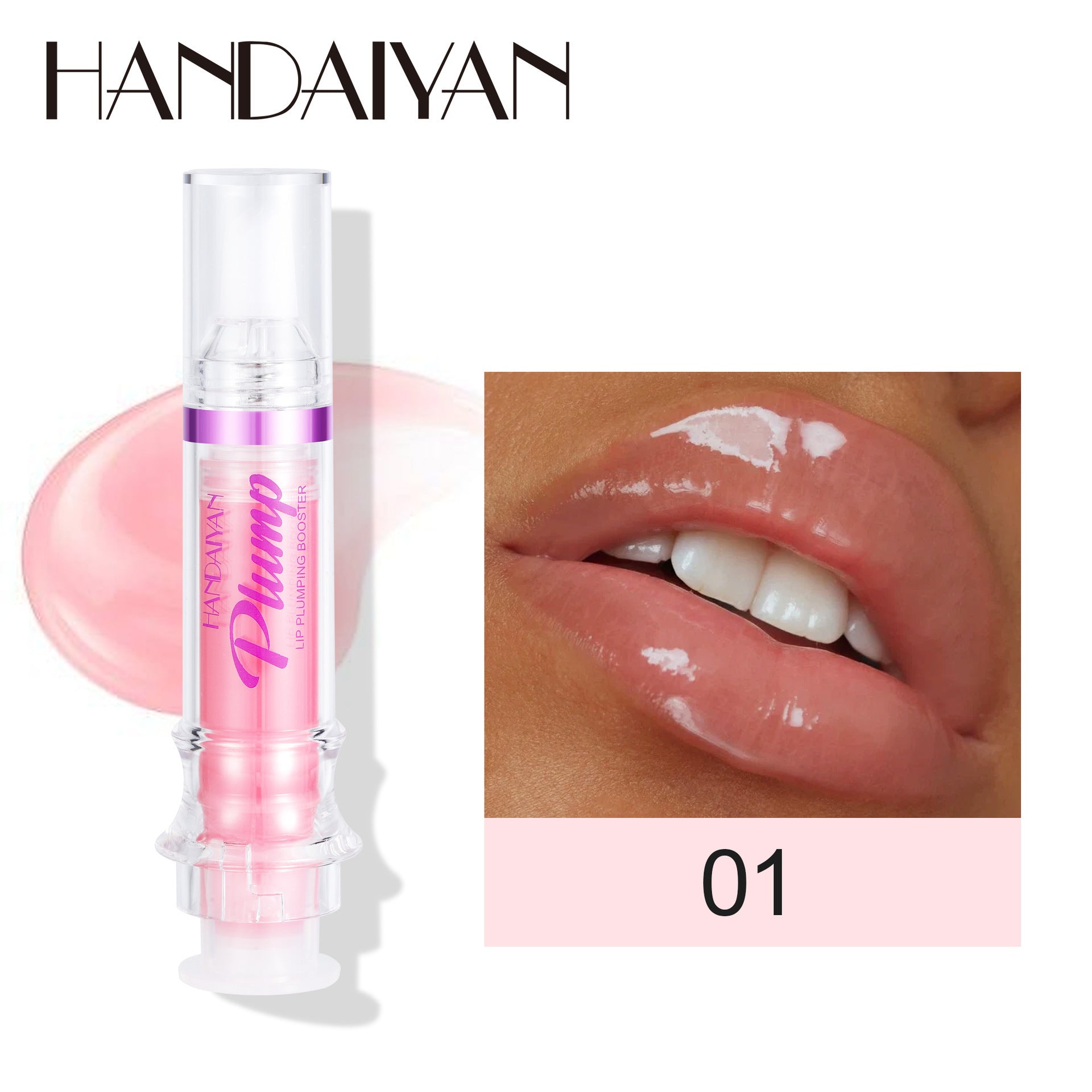 Pink lip gloss with a close-up of lips wearing it, featuring the brand 'HANDAIYAN'.