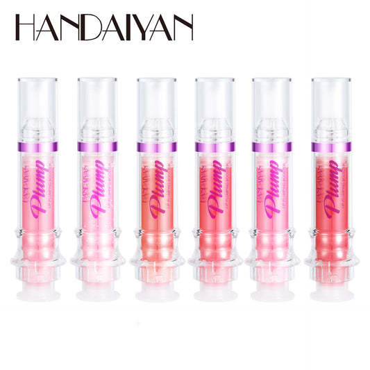 Set of six pink lip glosses with 'Plump' text on a white background, featuring the brand 'HANDAIYAN'.