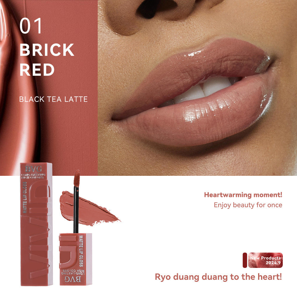 Lipstick with 'Brick Red' shade and product packaging on a white background