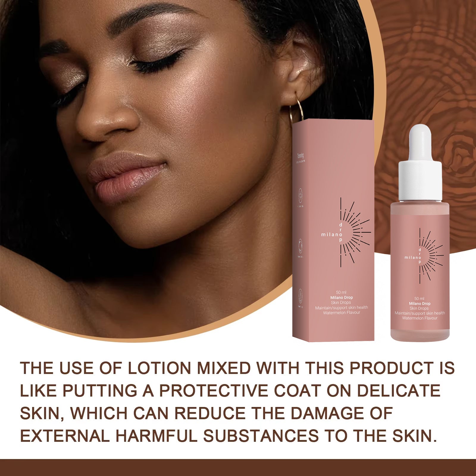 Skincare product packaging with a woman's face and text about product benefits.